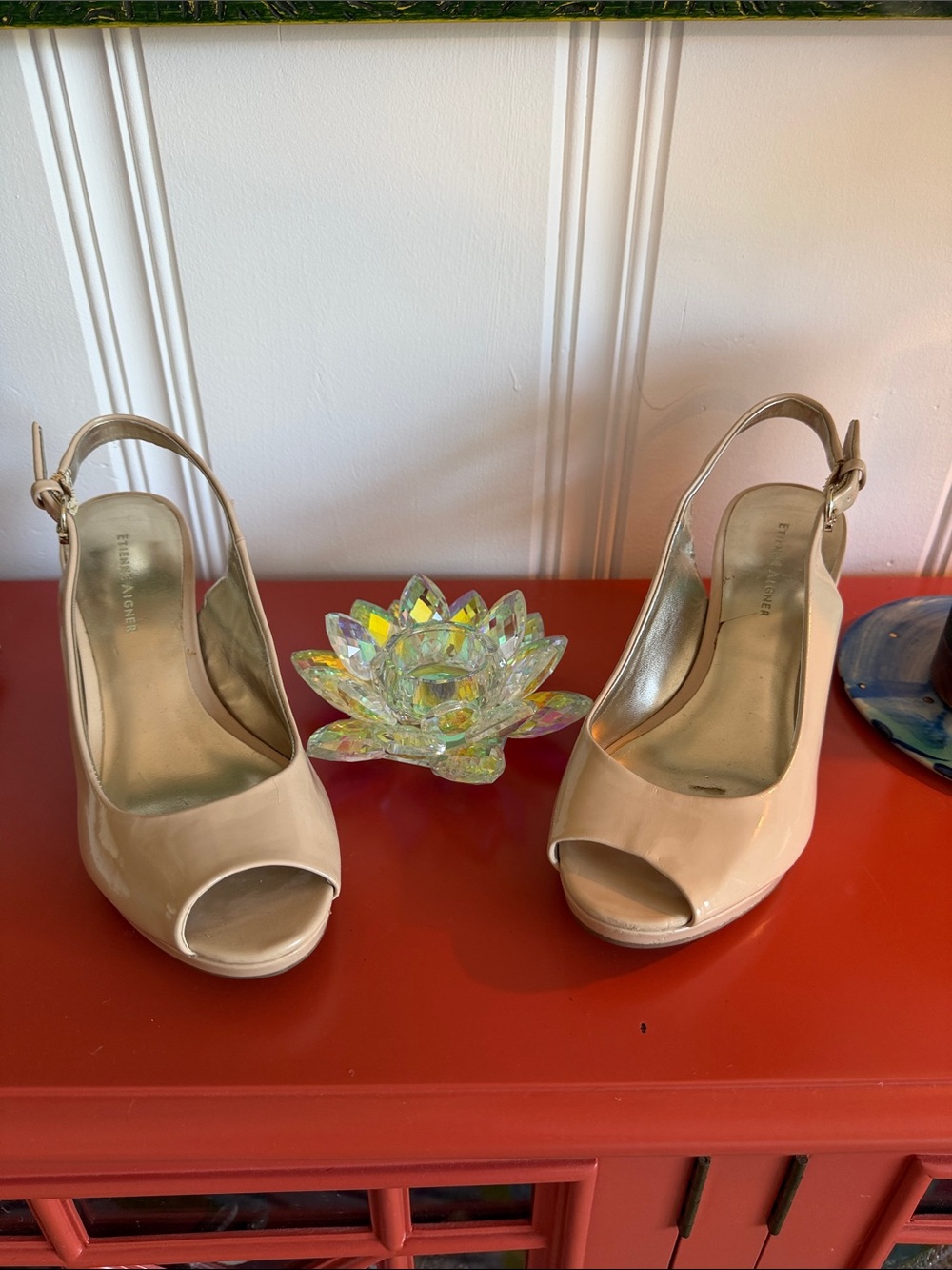 Etienne Aigner Nude Patent Peep-Toe Slingback Heels